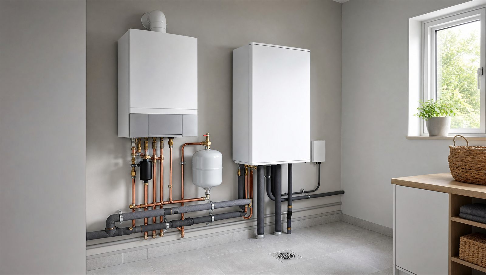 Symbolbild: Das neue Recht schreibt keine Heiztechnik mehr vor. Gas, Öl, Wärmepumpe und Hybrid stehen nebeneinander.